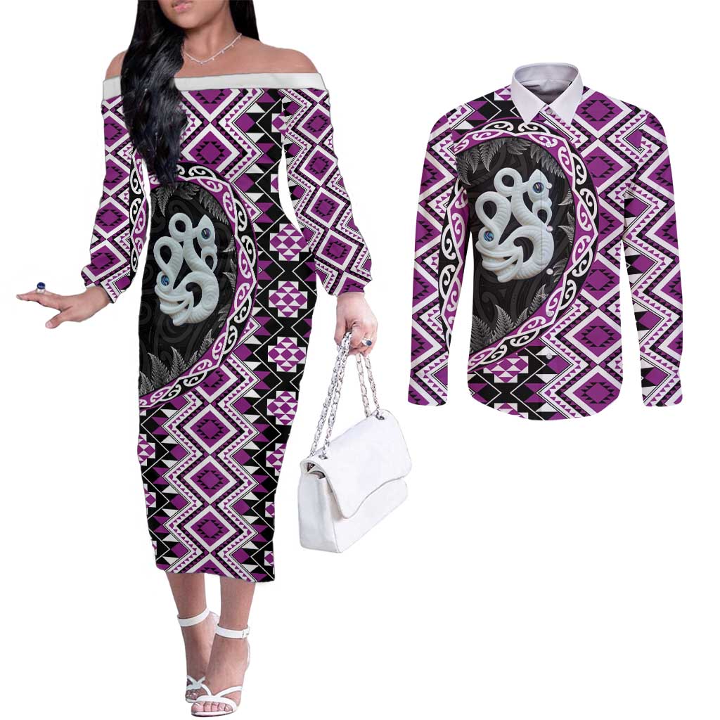 Purple Taniko Motif Aotearoa Manaia and Silver Fern Couples Matching Off The Shoulder Long Sleeve Dress and Long Sleeve Button Shirt