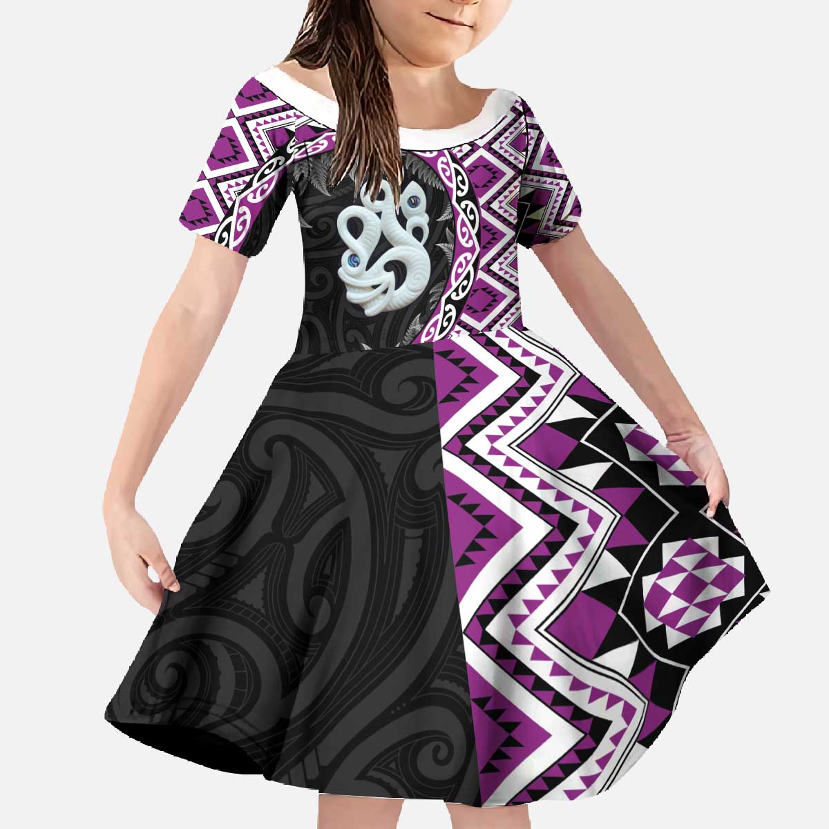 Purple Taniko Motif Aotearoa Manaia and Silver Fern Family Matching Off The Shoulder Long Sleeve Dress and Hawaiian Shirt