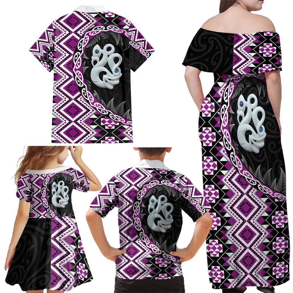 Purple Taniko Motif Aotearoa Manaia and Silver Fern Family Matching Off Shoulder Maxi Dress and Hawaiian Shirt