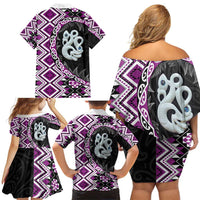 Purple Taniko Motif Aotearoa Manaia and Silver Fern Family Matching Off Shoulder Short Dress and Hawaiian Shirt