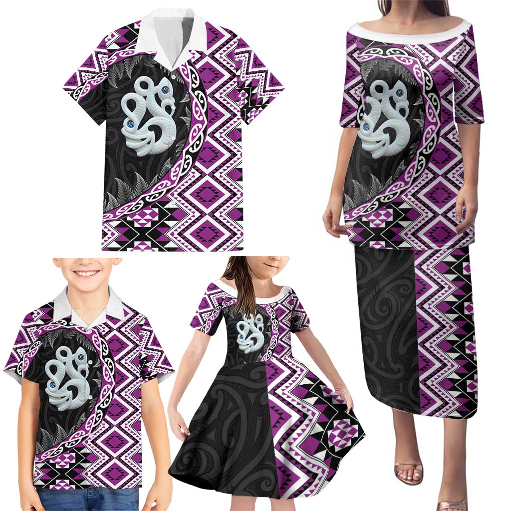 Purple Taniko Motif Aotearoa Manaia and Silver Fern Family Matching Puletasi and Hawaiian Shirt