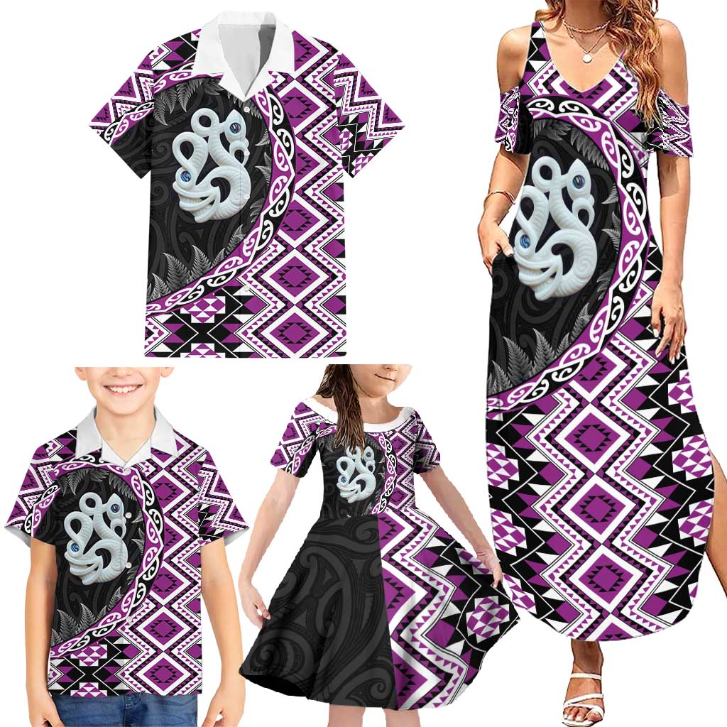 Purple Taniko Motif Aotearoa Manaia and Silver Fern Family Matching Summer Maxi Dress and Hawaiian Shirt
