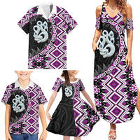 Purple Taniko Motif Aotearoa Manaia and Silver Fern Family Matching Summer Maxi Dress and Hawaiian Shirt