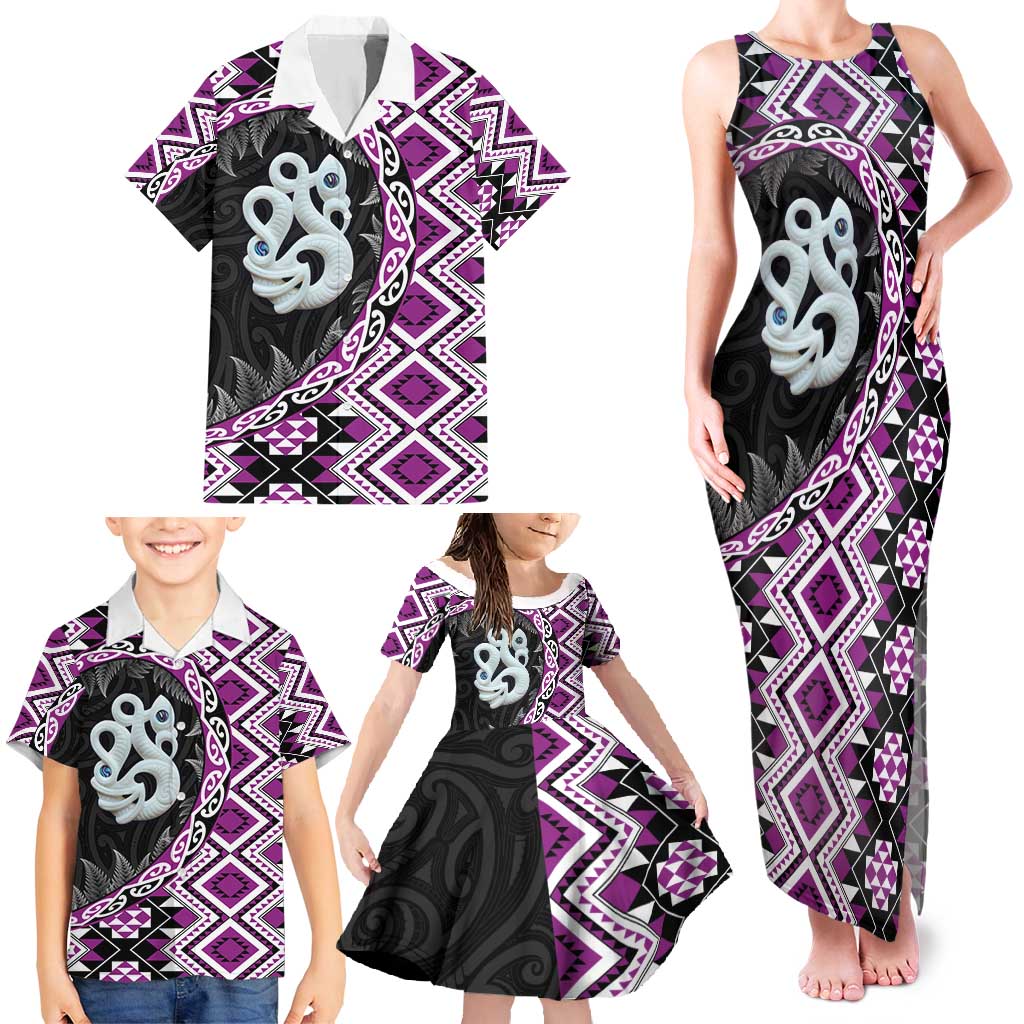 Purple Taniko Motif Aotearoa Manaia and Silver Fern Family Matching Tank Maxi Dress and Hawaiian Shirt
