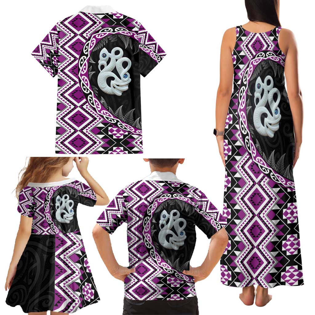 Purple Taniko Motif Aotearoa Manaia and Silver Fern Family Matching Tank Maxi Dress and Hawaiian Shirt
