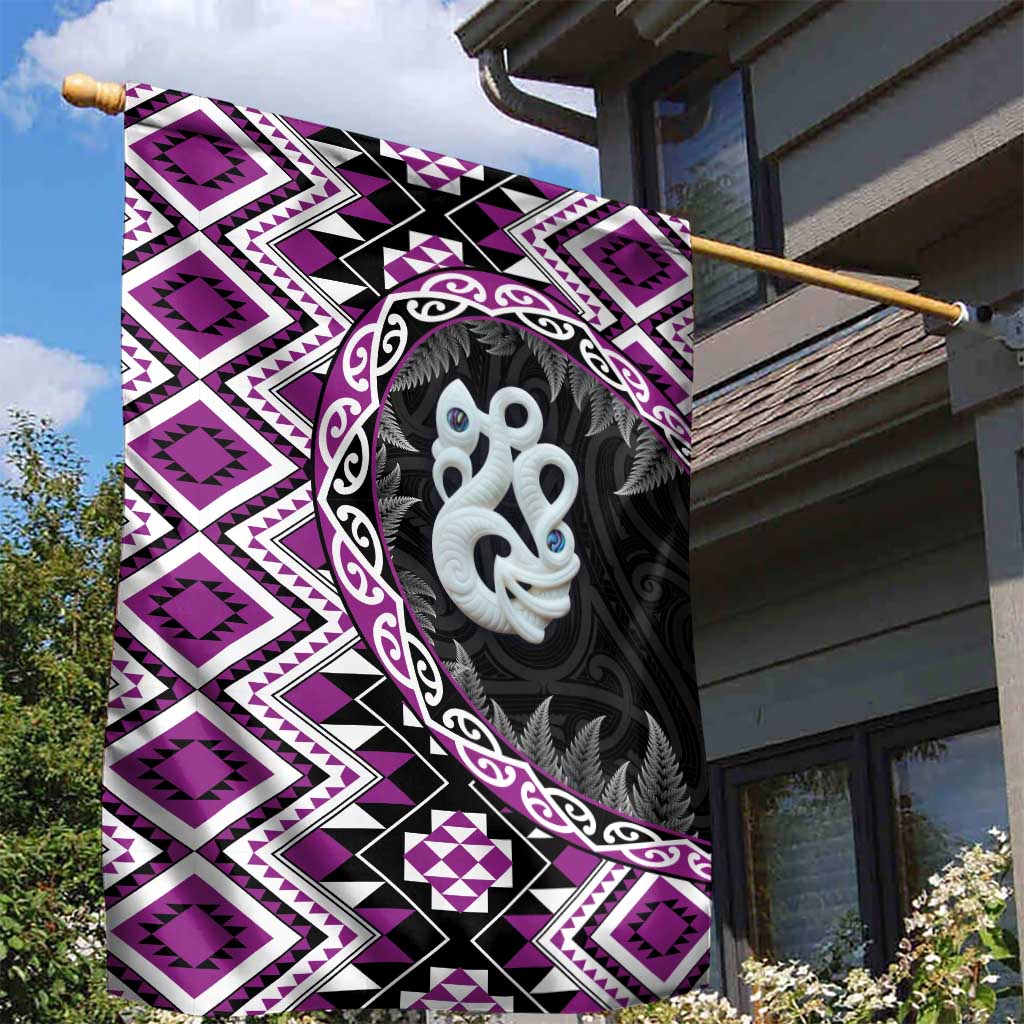 Purple Taniko Motif Aotearoa Manaia and Silver Fern Garden Flag LT03 - Polynesian Pride