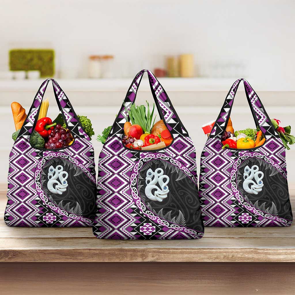 Purple Taniko Motif Aotearoa Manaia and Silver Fern Grocery Bag LT03 3-pack One Size Purple - Polynesian Pride