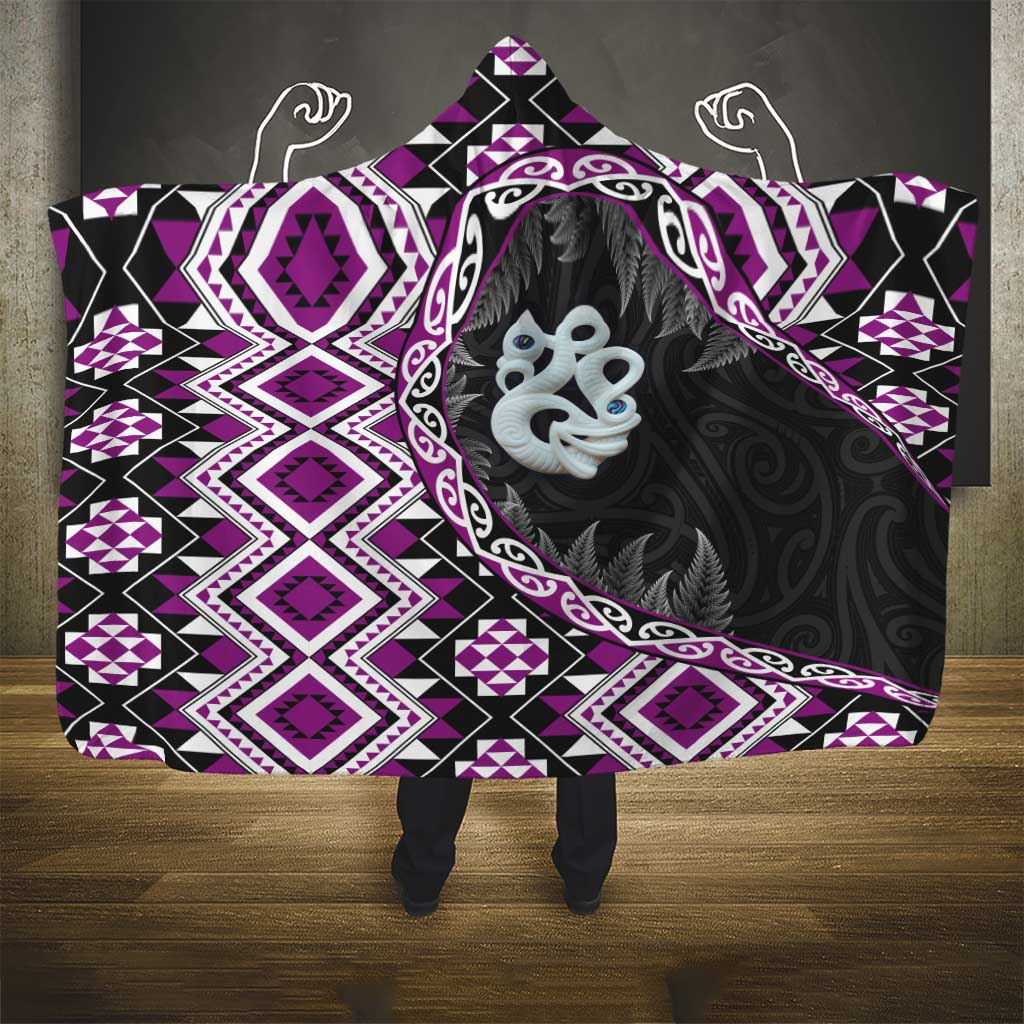 Purple Taniko Motif Aotearoa Manaia and Silver Fern Hooded Blanket LT03 - Polynesian Pride
