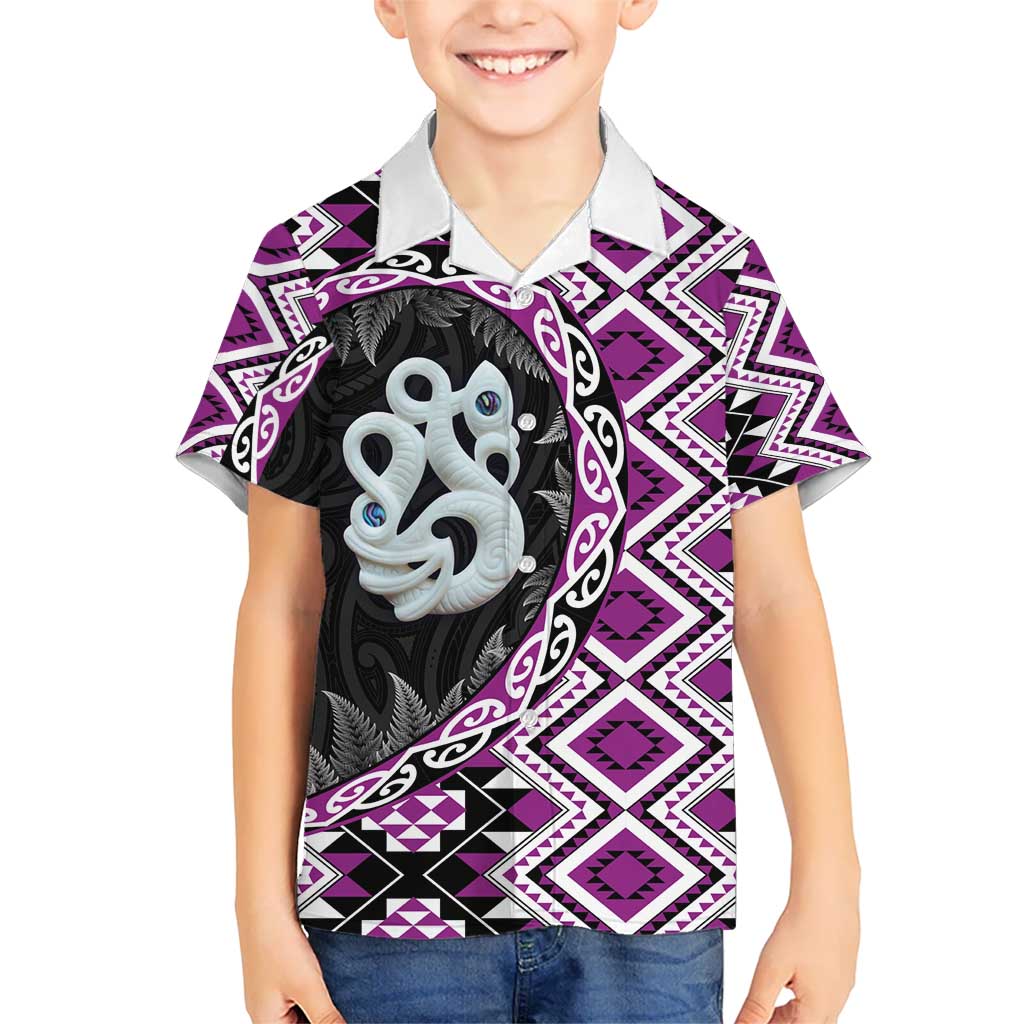 Purple Taniko Motif Aotearoa Manaia and Silver Fern Kid Hawaiian Shirt