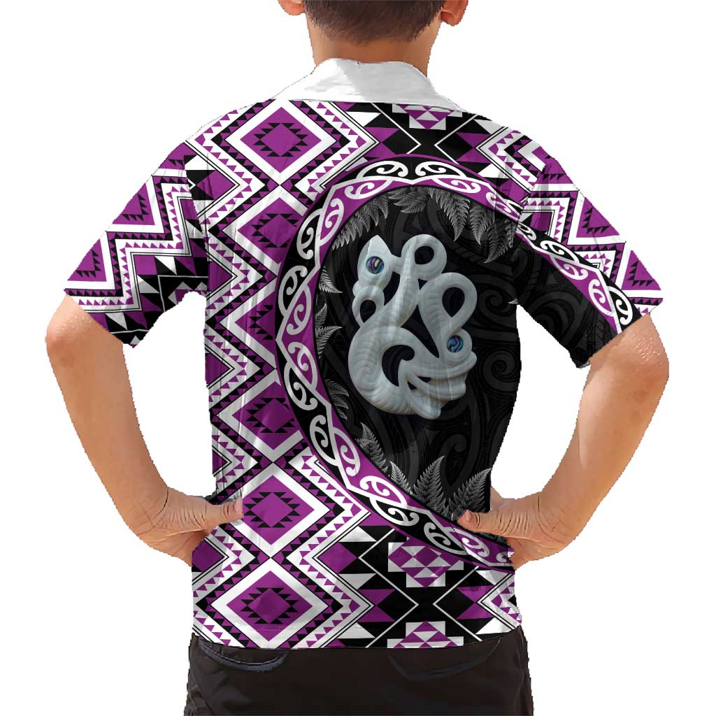 Purple Taniko Motif Aotearoa Manaia and Silver Fern Kid Hawaiian Shirt
