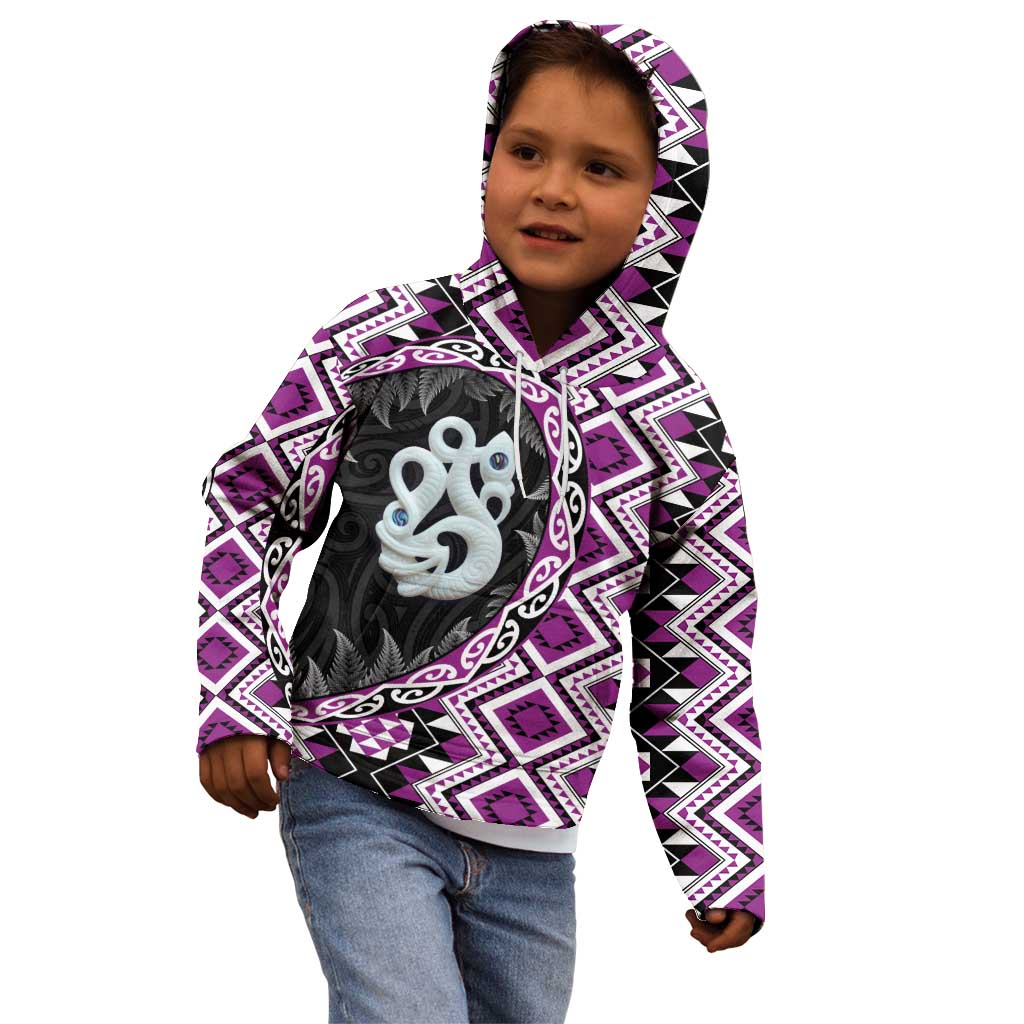 Purple Taniko Motif Aotearoa Manaia and Silver Fern Kid Hoodie