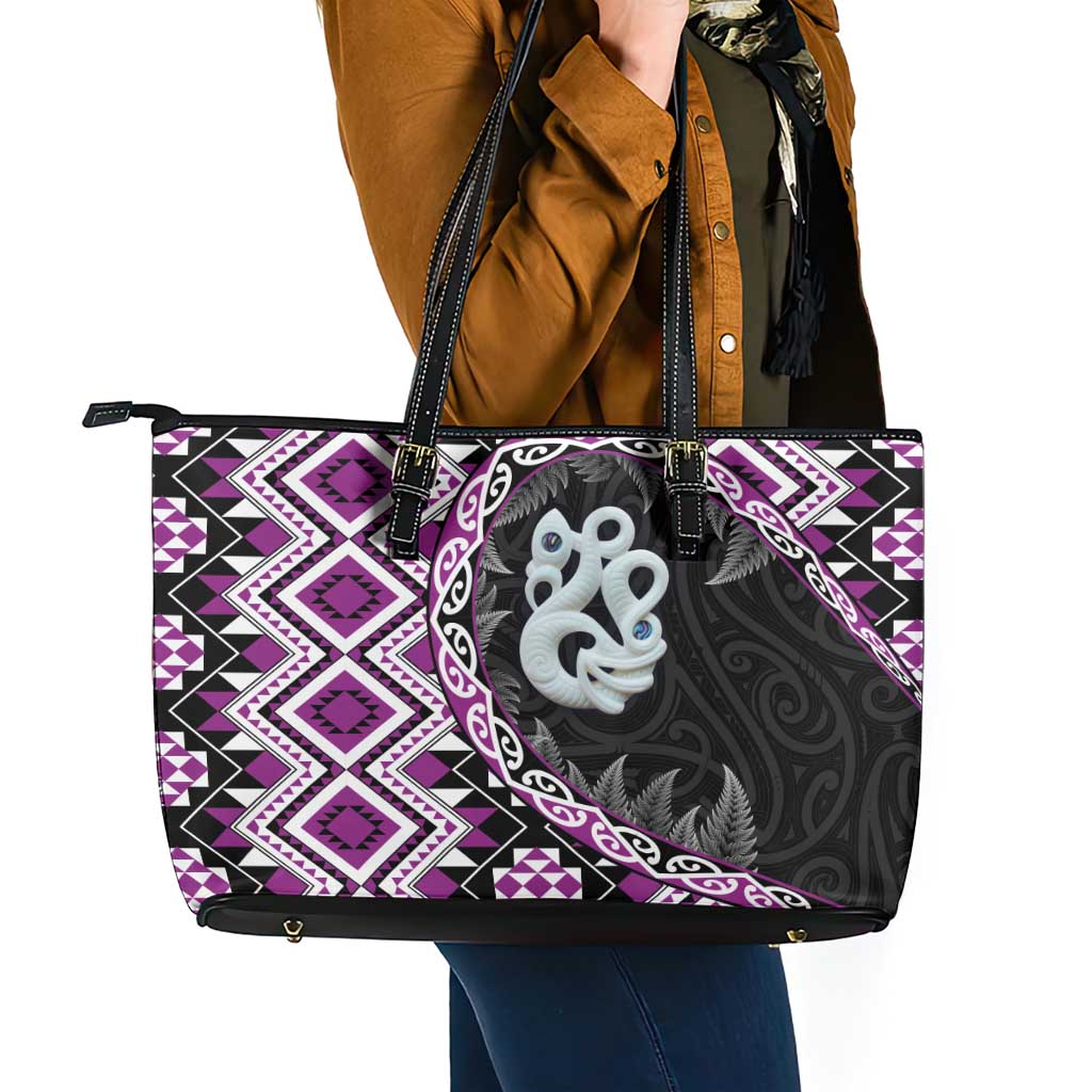 Purple Taniko Motif Aotearoa Manaia and Silver Fern Leather Tote Bag