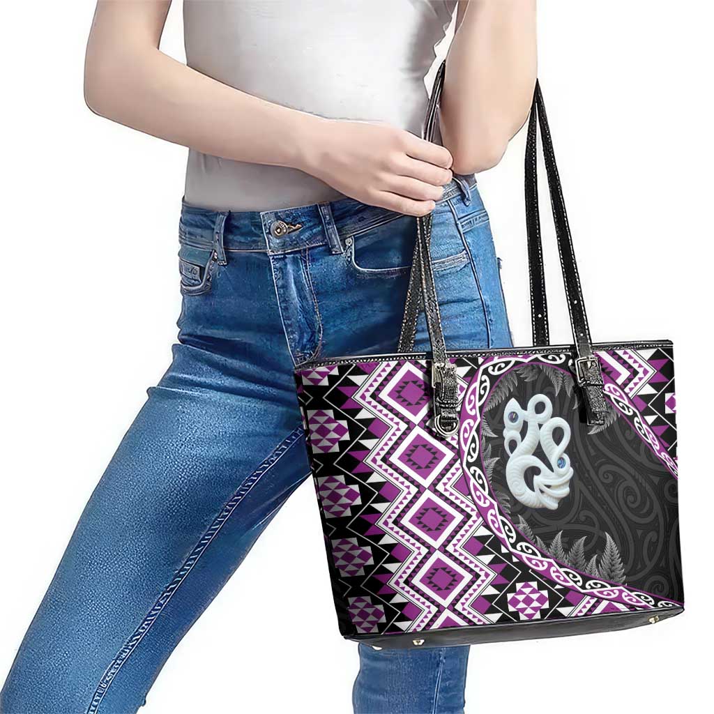 Purple Taniko Motif Aotearoa Manaia and Silver Fern Leather Tote Bag