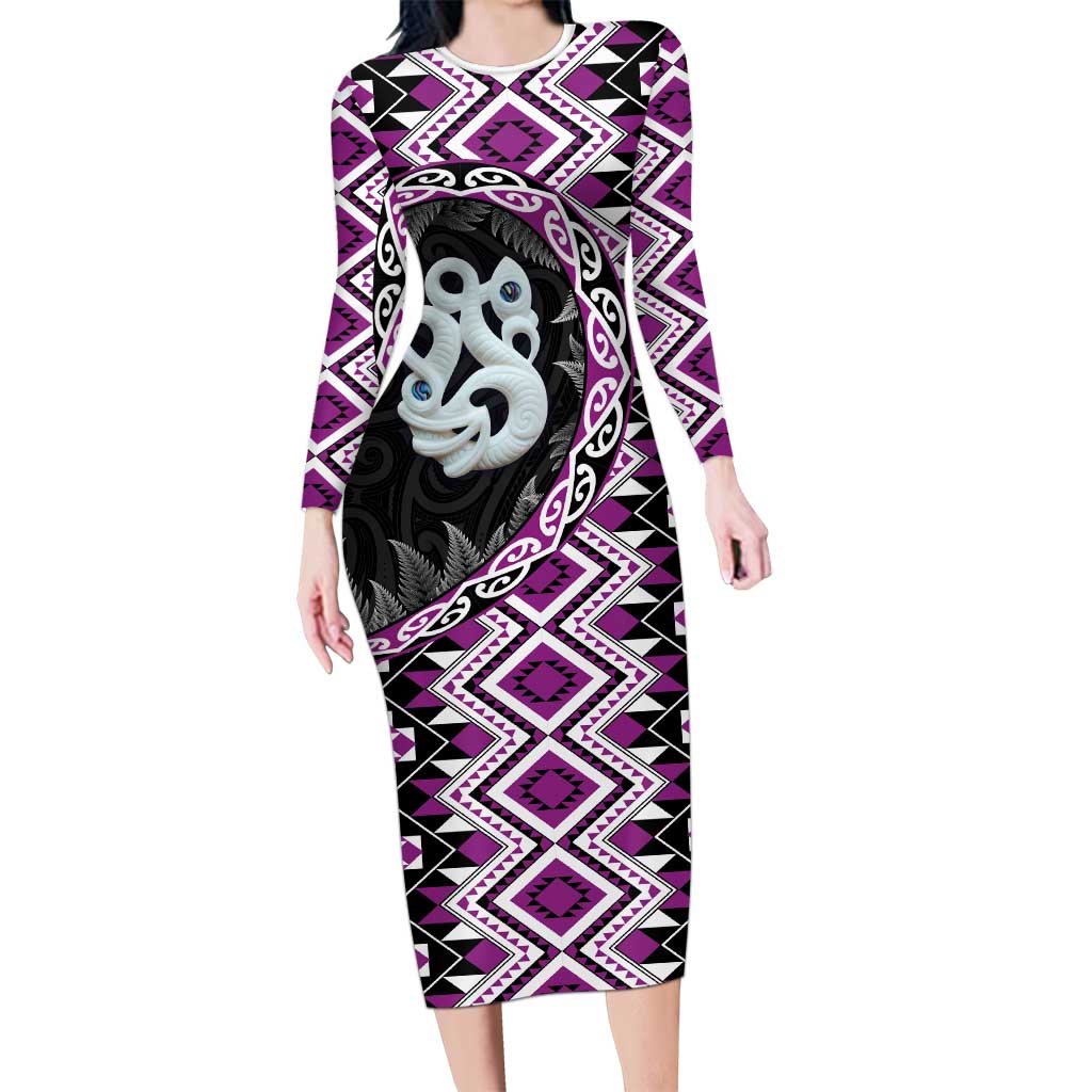 Purple Taniko Motif Aotearoa Manaia and Silver Fern Long Sleeve Bodycon Dress