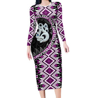 Purple Taniko Motif Aotearoa Manaia and Silver Fern Long Sleeve Bodycon Dress