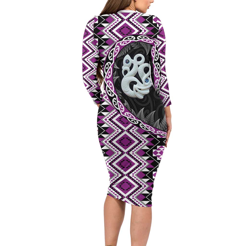 Purple Taniko Motif Aotearoa Manaia and Silver Fern Long Sleeve Bodycon Dress