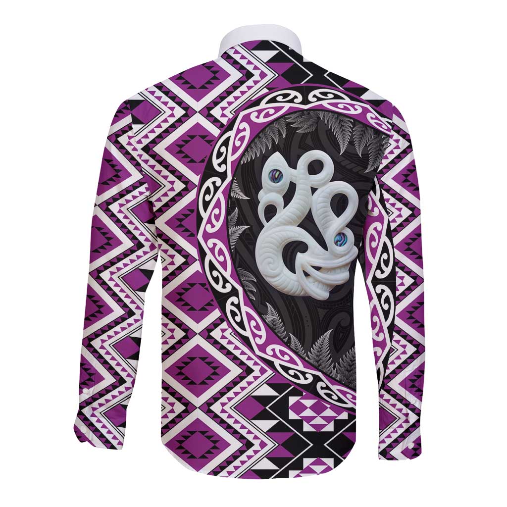 Purple Taniko Motif Aotearoa Manaia and Silver Fern Long Sleeve Button Shirt LT03 - Polynesian Pride