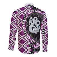 Purple Taniko Motif Aotearoa Manaia and Silver Fern Long Sleeve Button Shirt LT03 - Polynesian Pride