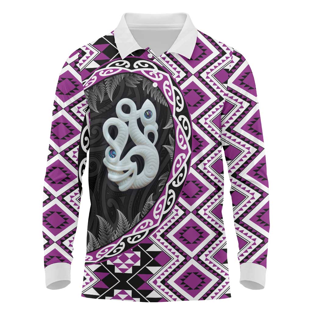 Purple Taniko Motif Aotearoa Manaia and Silver Fern Long Sleeve Polo Shirt