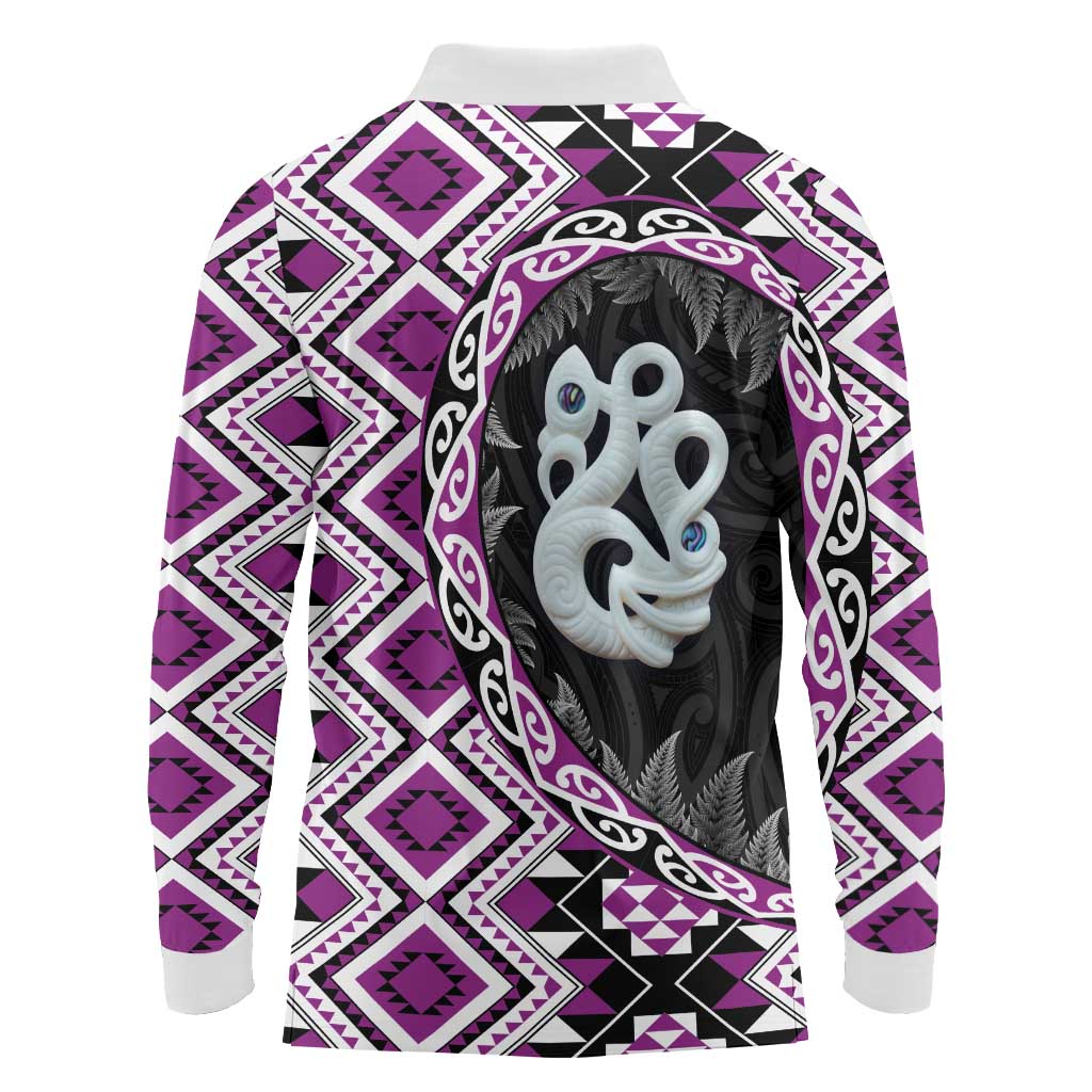 Purple Taniko Motif Aotearoa Manaia and Silver Fern Long Sleeve Polo Shirt