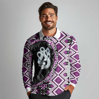 Purple Taniko Motif Aotearoa Manaia and Silver Fern Long Sleeve Polo Shirt