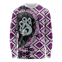 Purple Taniko Motif Aotearoa Manaia and Silver Fern Long Sleeve Shirt LT03 Unisex Purple - Polynesian Pride