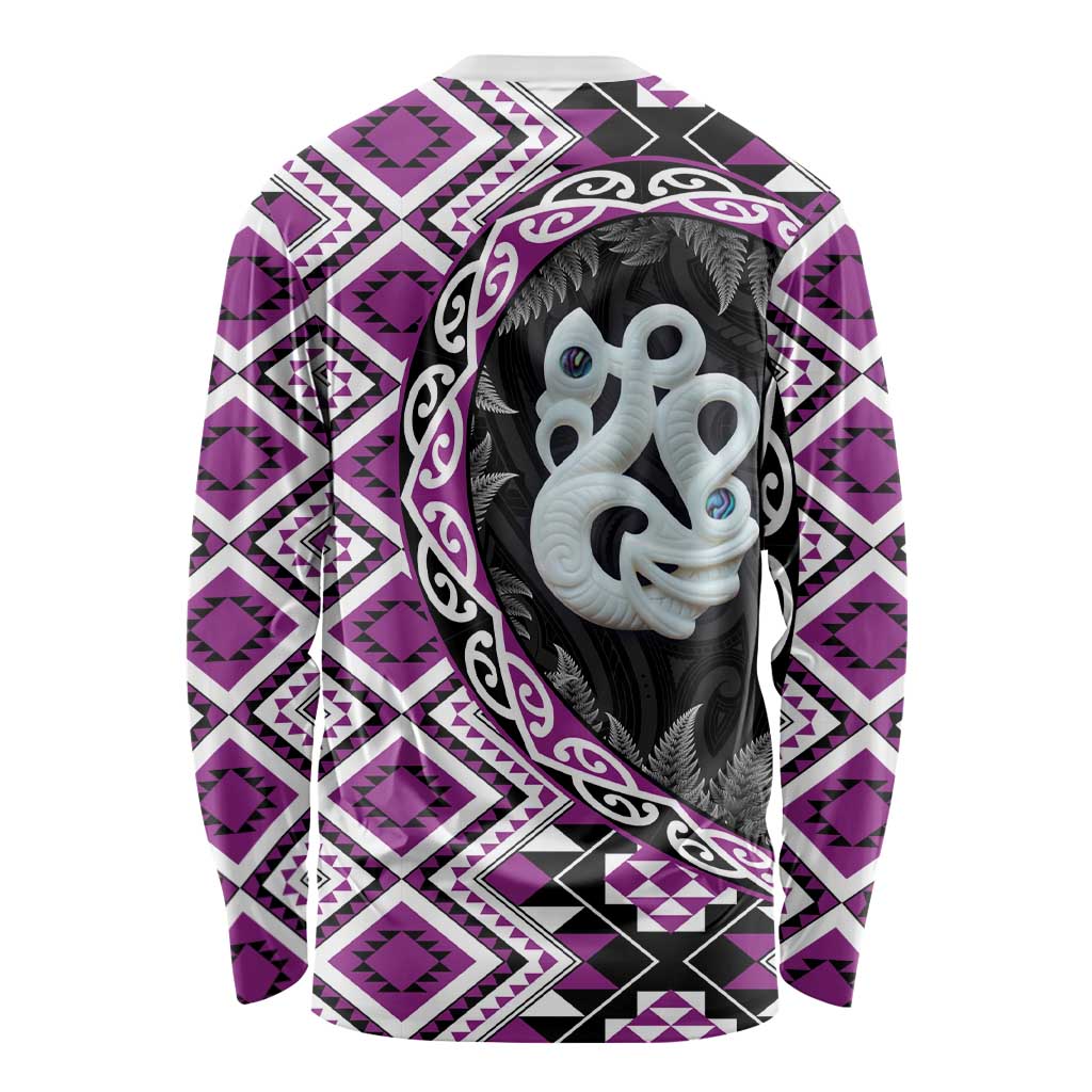 Purple Taniko Motif Aotearoa Manaia and Silver Fern Long Sleeve Shirt LT03 - Polynesian Pride