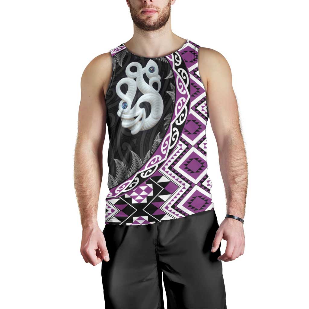 Purple Taniko Motif Aotearoa Manaia and Silver Fern Men Tank Top LT03 - Polynesian Pride