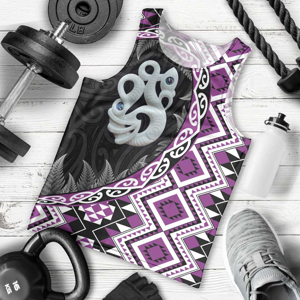Purple Taniko Motif Aotearoa Manaia and Silver Fern Men Tank Top LT03 - Polynesian Pride