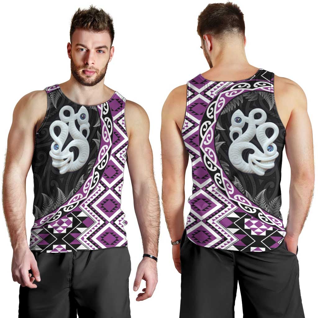 Purple Taniko Motif Aotearoa Manaia and Silver Fern Men Tank Top LT03 - Polynesian Pride