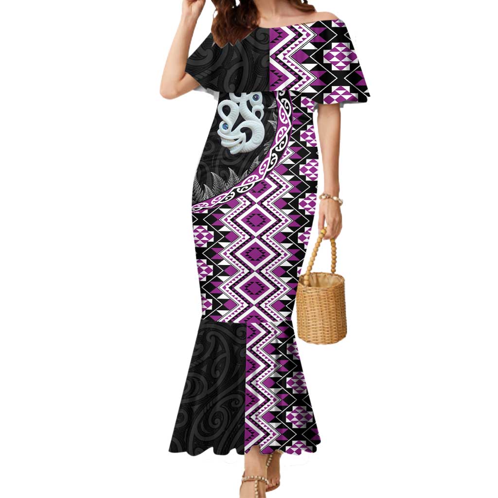Purple Taniko Motif Aotearoa Manaia and Silver Fern Mermaid Dress