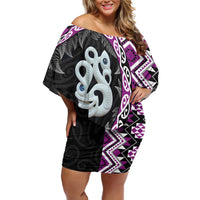 Purple Taniko Motif Aotearoa Manaia and Silver Fern Off Shoulder Short Dress LT03 Women Purple - Polynesian Pride