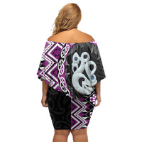Purple Taniko Motif Aotearoa Manaia and Silver Fern Off Shoulder Short Dress LT03 - Polynesian Pride