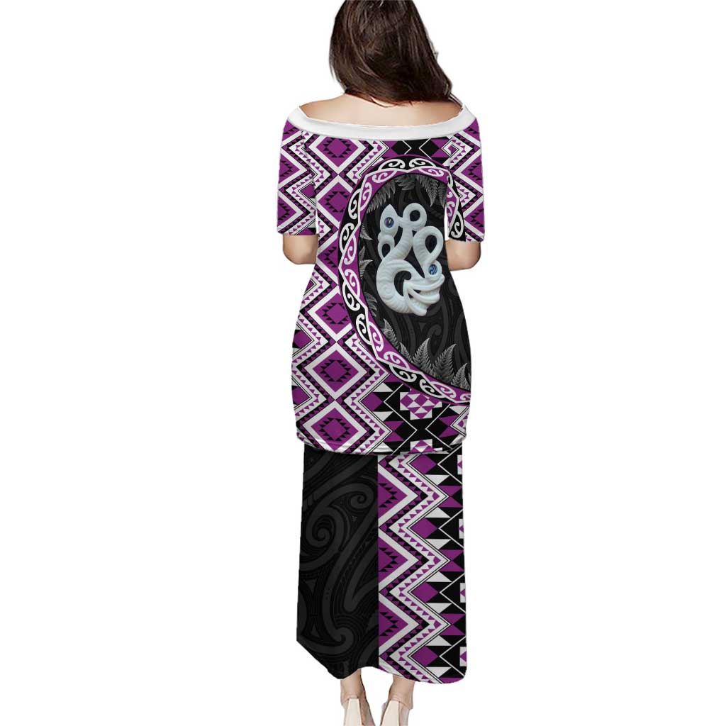 Purple Taniko Motif Aotearoa Manaia and Silver Fern Puletasi LT03 - Polynesian Pride