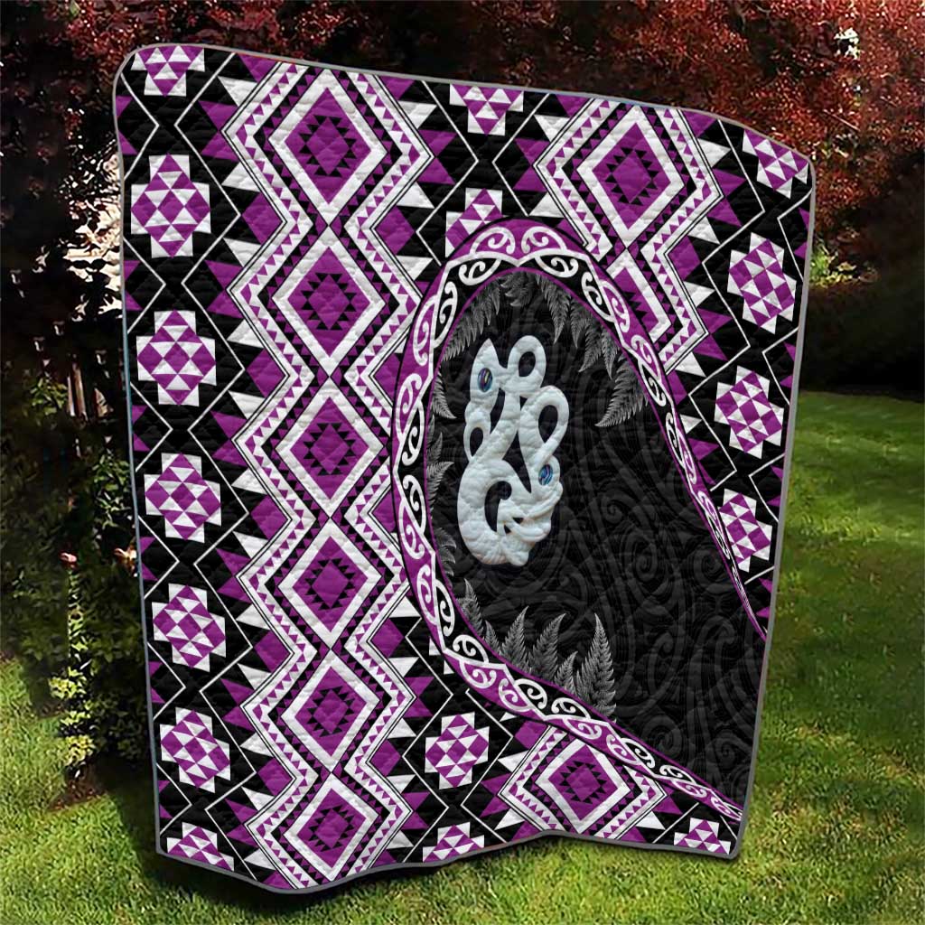Purple Taniko Motif Aotearoa Manaia and Silver Fern Quilt