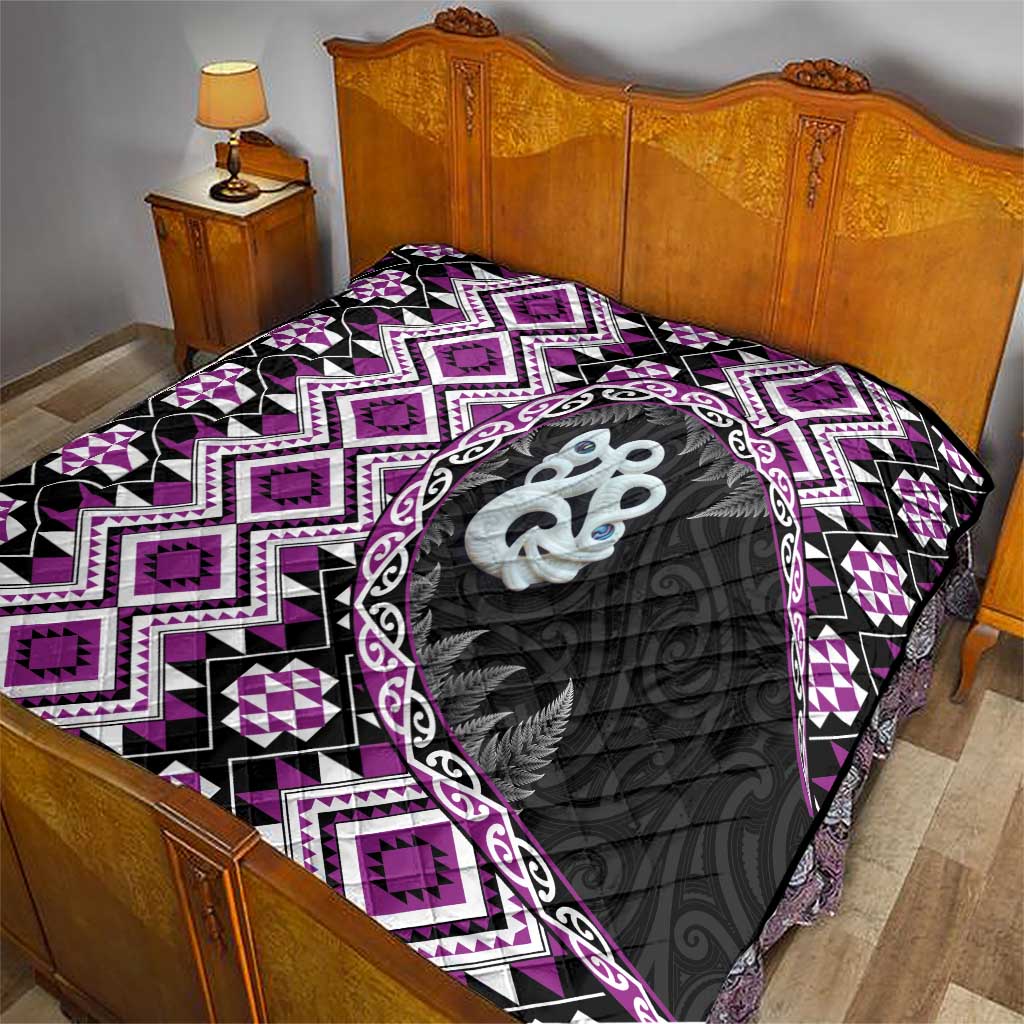 Purple Taniko Motif Aotearoa Manaia and Silver Fern Quilt