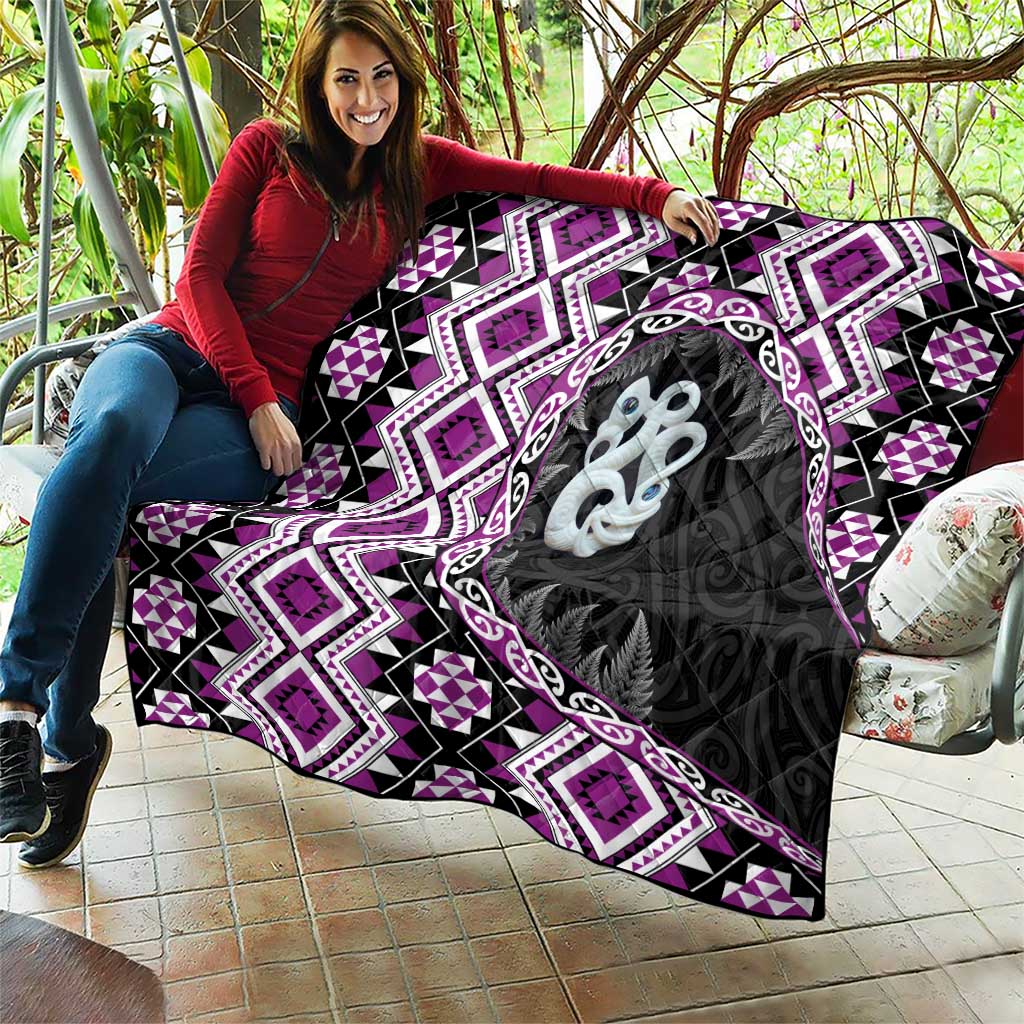 Purple Taniko Motif Aotearoa Manaia and Silver Fern Quilt