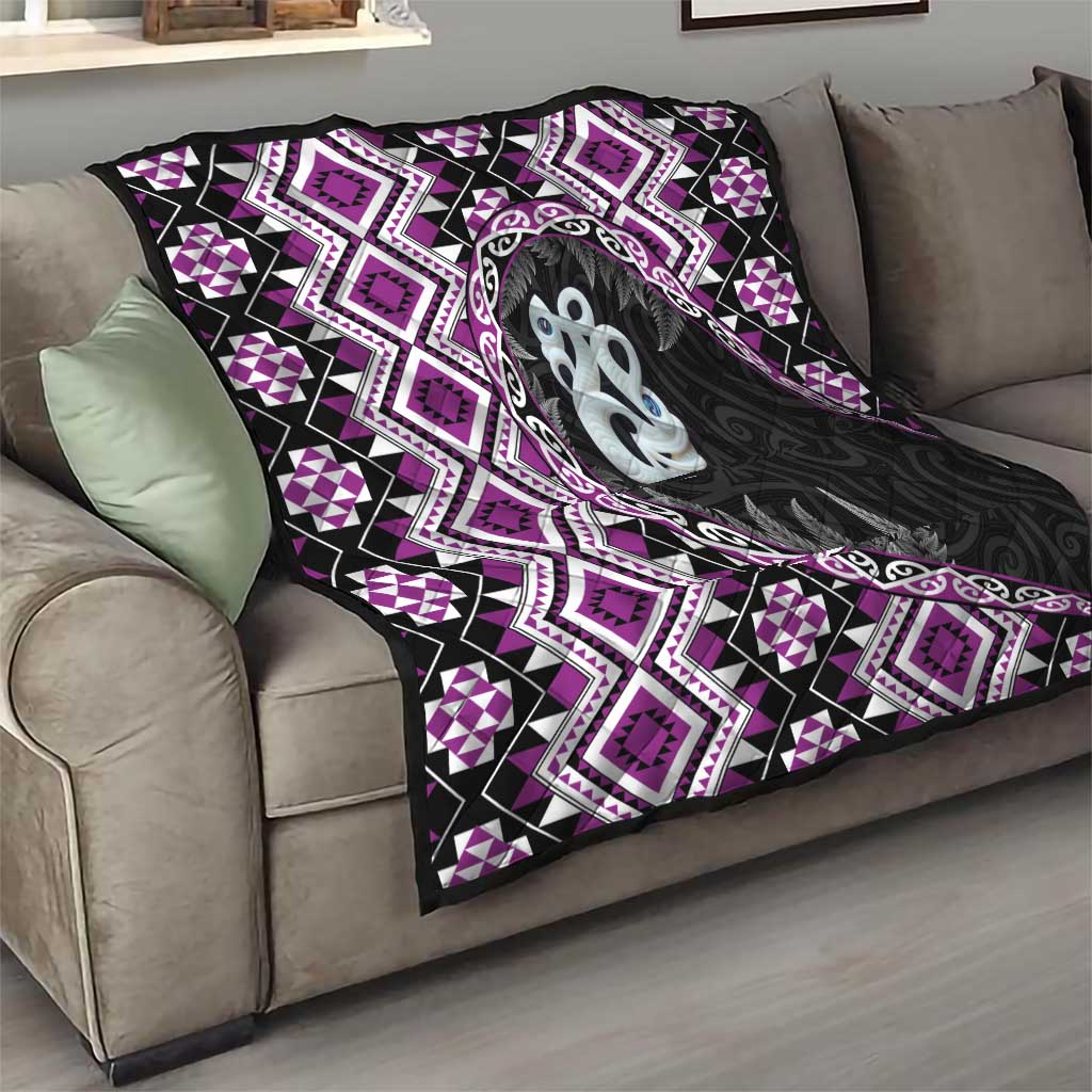 Purple Taniko Motif Aotearoa Manaia and Silver Fern Quilt