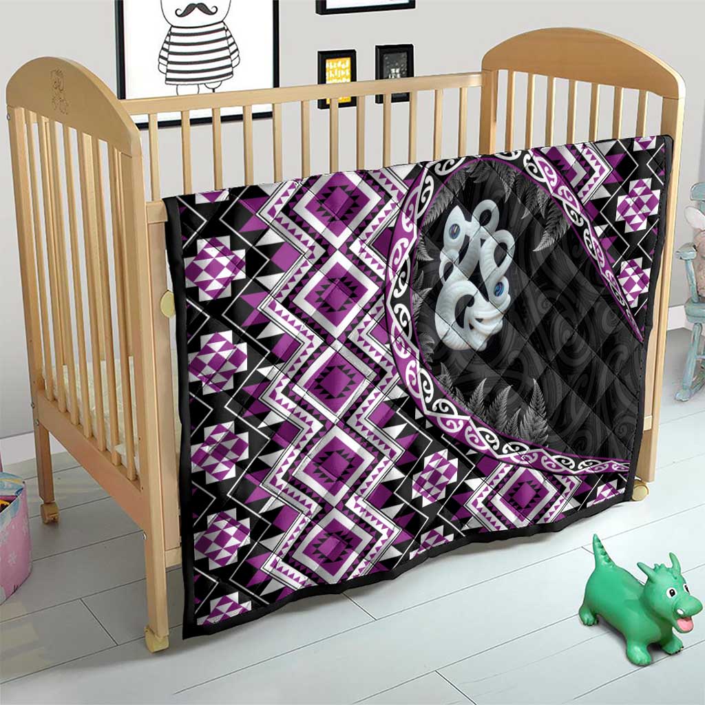Purple Taniko Motif Aotearoa Manaia and Silver Fern Quilt