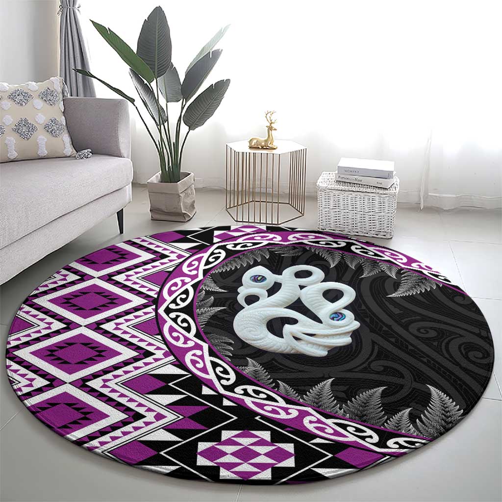 Purple Taniko Motif Aotearoa Manaia and Silver Fern Round Carpet