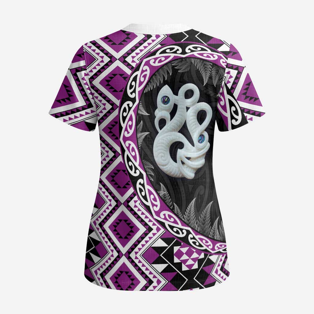 Purple Taniko Motif Aotearoa Manaia and Silver Fern Scrub Top LT03 - Polynesian Pride