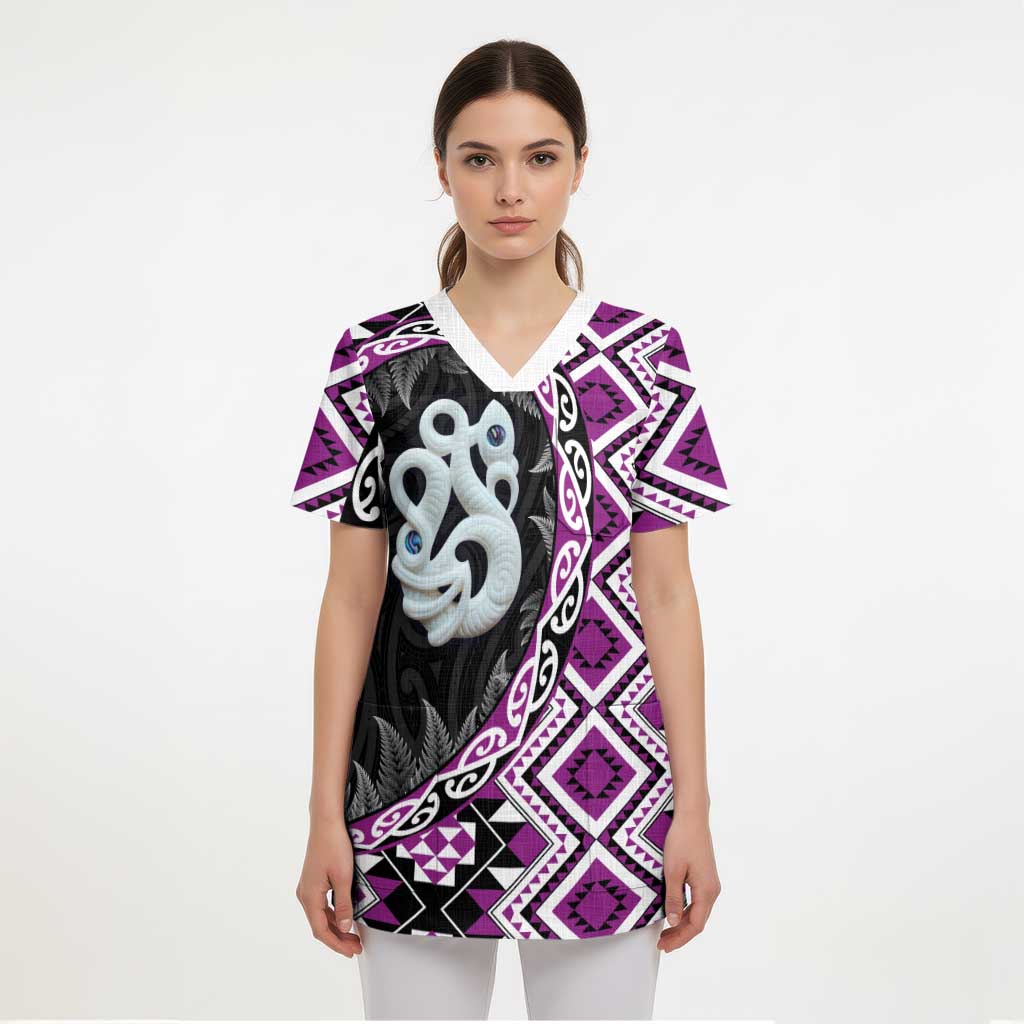 Purple Taniko Motif Aotearoa Manaia and Silver Fern Scrub Top LT03 - Polynesian Pride