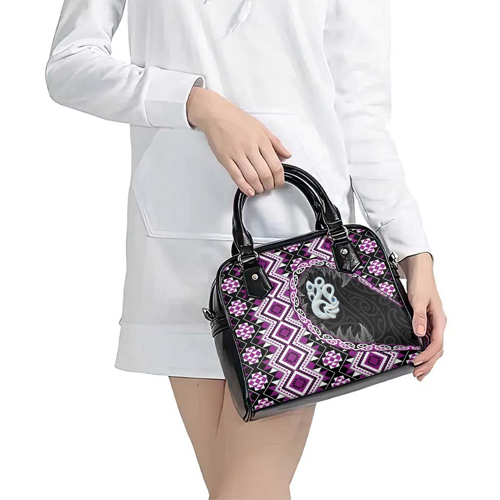 Purple Taniko Motif Aotearoa Manaia and Silver Fern Shoulder Handbag