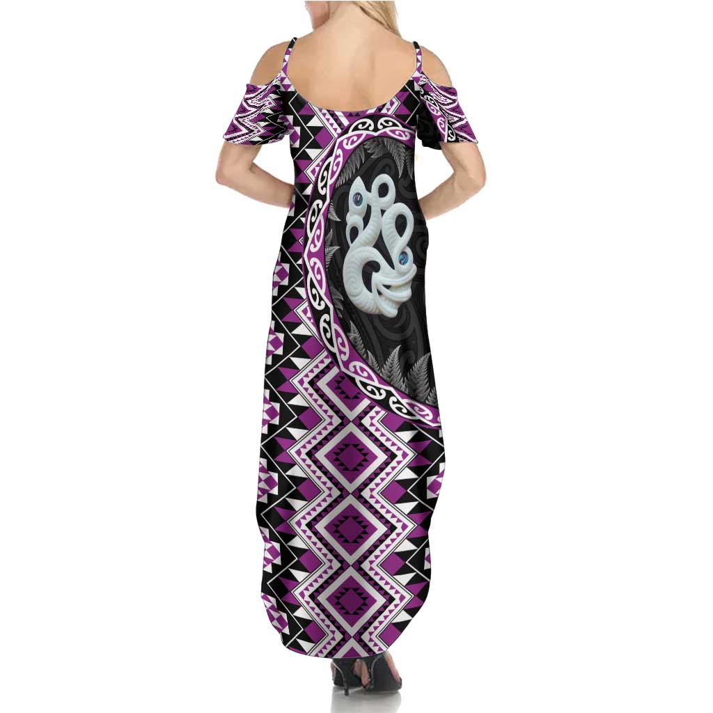 Purple Taniko Motif Aotearoa Manaia and Silver Fern Summer Maxi Dress LT03 - Polynesian Pride
