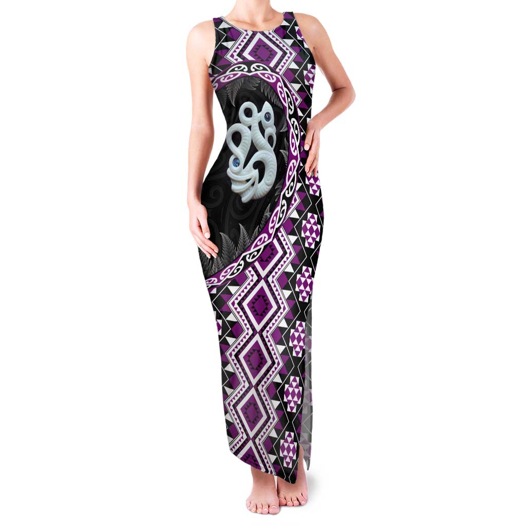 Purple Taniko Motif Aotearoa Manaia and Silver Fern Tank Maxi Dress LT03 Women Purple - Polynesian Pride