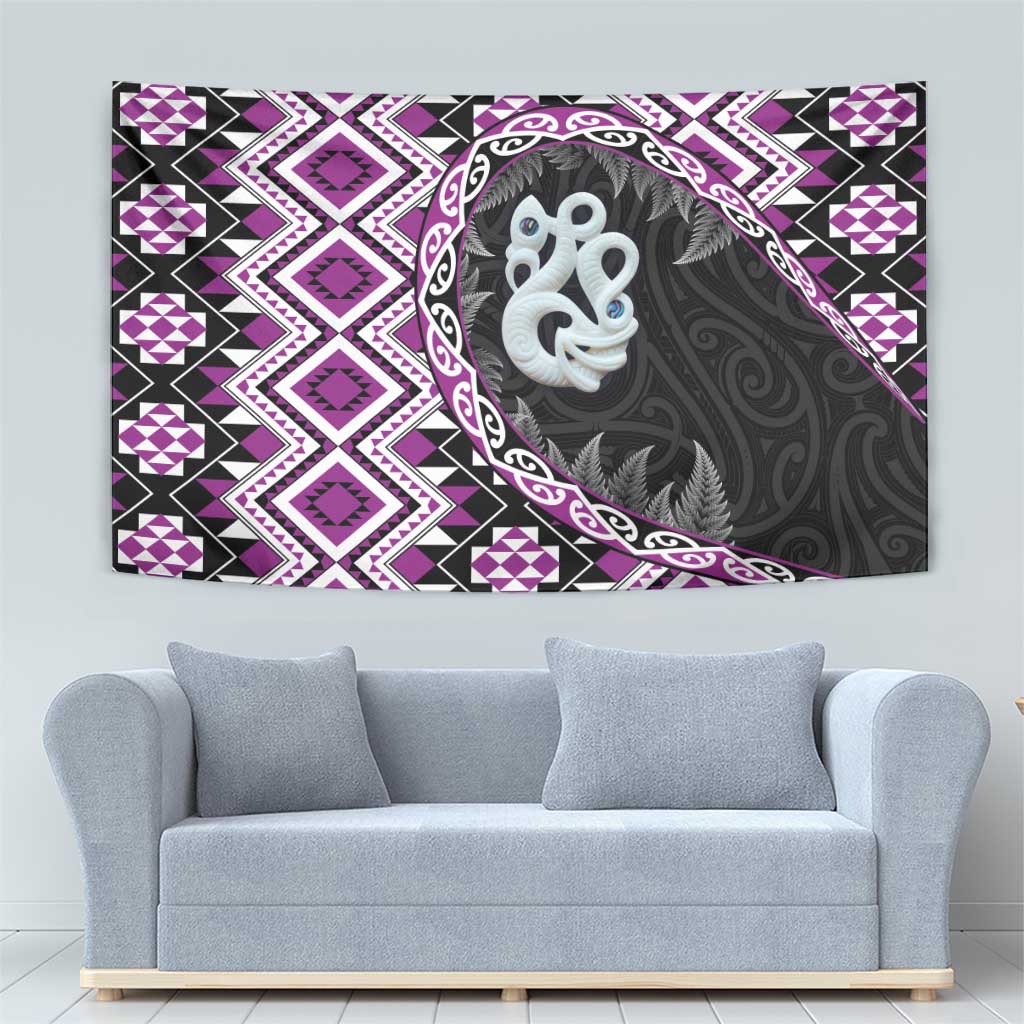Purple Taniko Motif Aotearoa Manaia and Silver Fern Tapestry