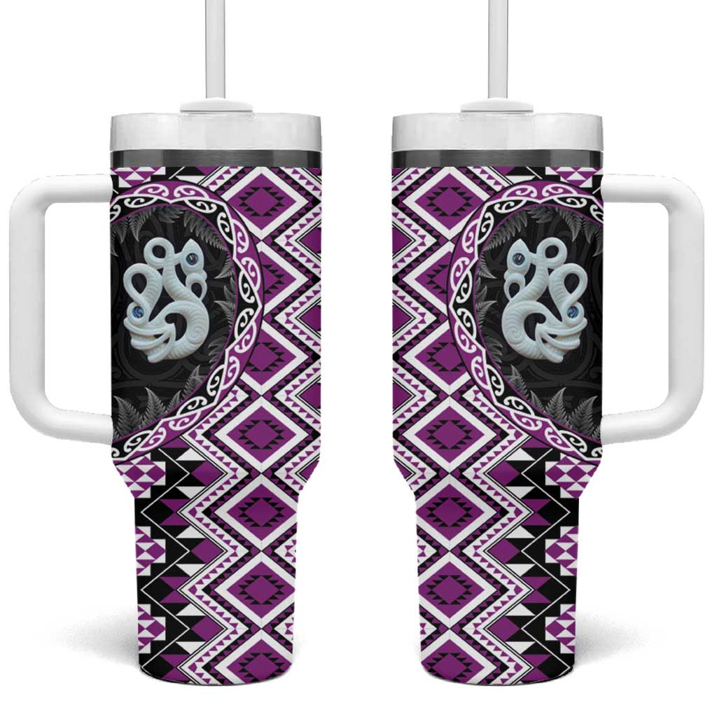 Purple Taniko Motif Aotearoa Manaia and Silver Fern Tumbler With Handle LT03 One Size: 40 oz Purple - Polynesian Pride