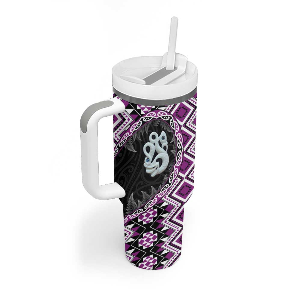Purple Taniko Motif Aotearoa Manaia and Silver Fern Tumbler With Handle LT03 - Polynesian Pride