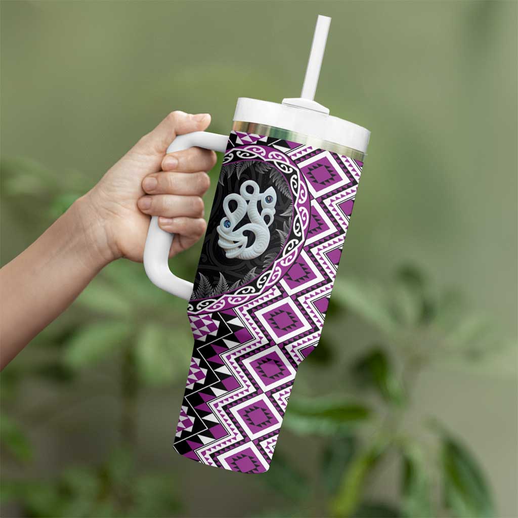 Purple Taniko Motif Aotearoa Manaia and Silver Fern Tumbler With Handle LT03 - Polynesian Pride