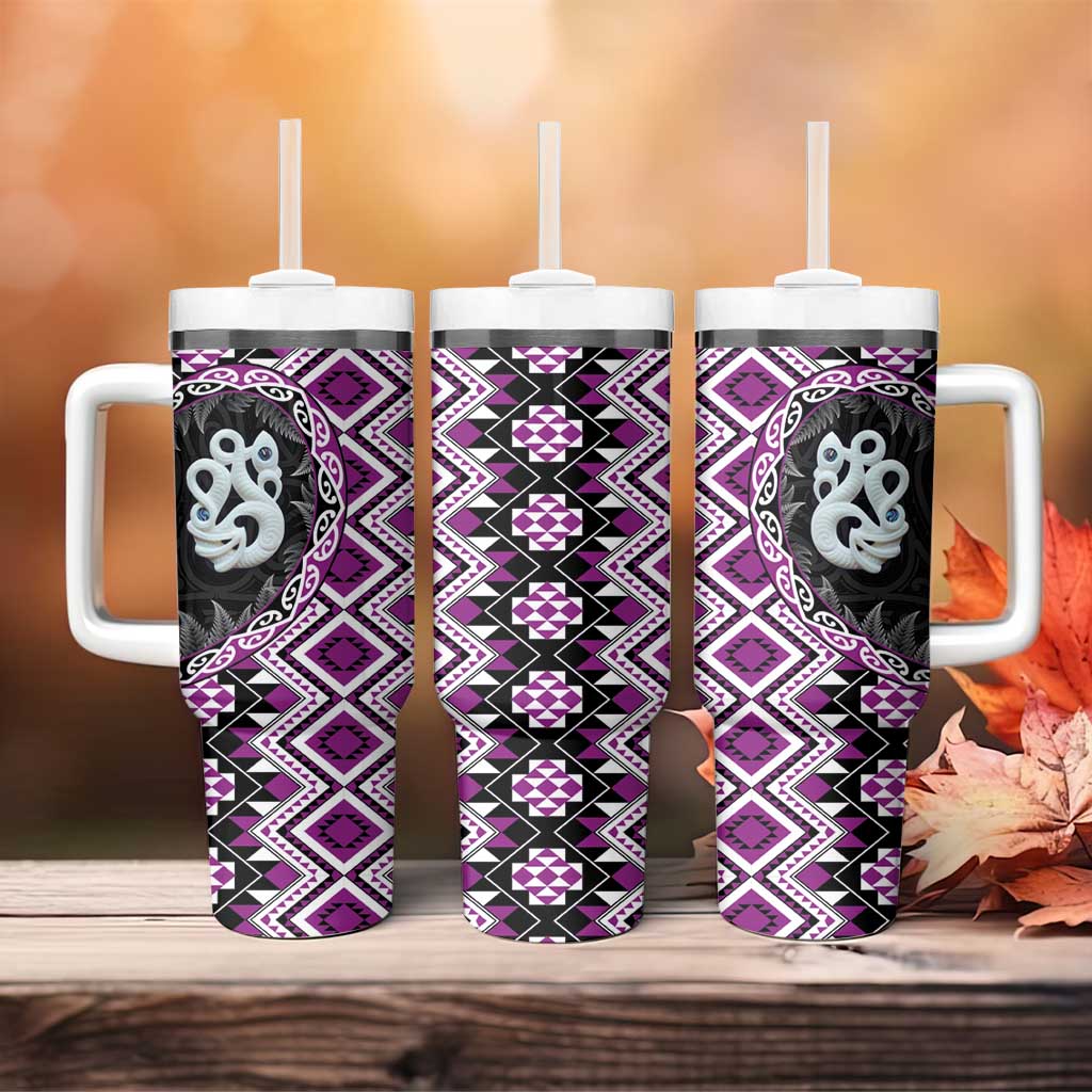 Purple Taniko Motif Aotearoa Manaia and Silver Fern Tumbler With Handle LT03 - Polynesian Pride